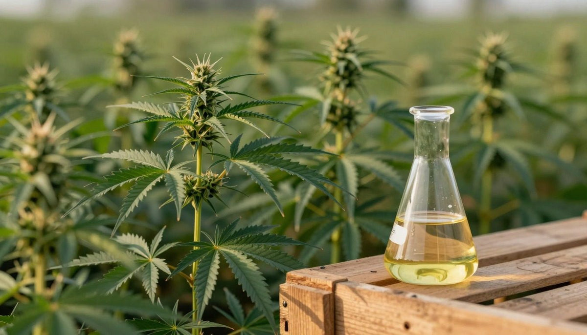 Nutzhanf-Feld im Morgenlicht mit Laborglas: So entsteht CBD-Öl aus Hanfextrakt