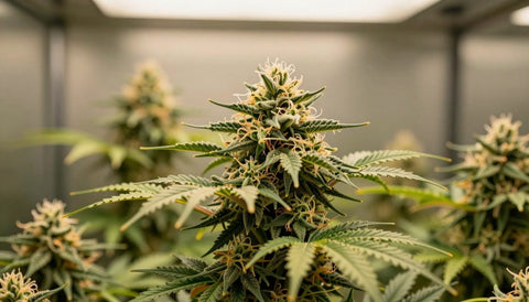 Cannabispflanze in der Blütephase mit dichten Blütenständen und weißen Narben im Growzelt
