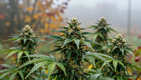 Cannabispflanze im Garten an einem nebligen Herbstmorgen, Tau auf den Blüten: Bedingungen, unter denen Bud Rot entsteht