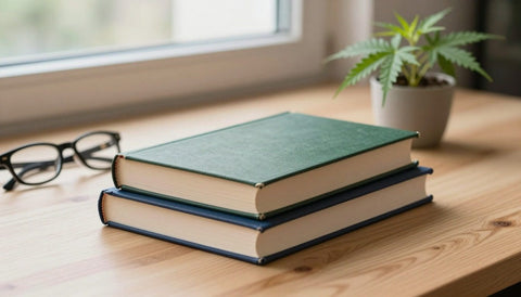 Gesetzbücher und Hanfpflanze auf einem hellen Holztisch: Rechtslage neuer Cannabinoide nach NpSG, BtMG und KCanG