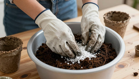Hände mit Gartenhandschuhen mischen dunkle Erde für die Cannabispflanze mit weißem Perlit, daneben leere Anzuchttöpfe