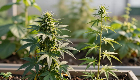 Kompakte und hochgewachsene Hanfpflanze nebeneinander: Sativa vs Indica im Wuchs