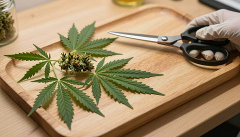 Arbeitsplatz zum Cannabis trimmen: Schere, Handschuh und Holztablett mit Blättern und Blüte am Zweig