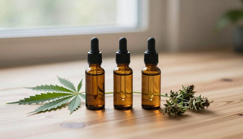 Drei Braunglasflaschen neben Hanfblättern: CBD-Öl verstehen, von Vollspektrum bis Isolat