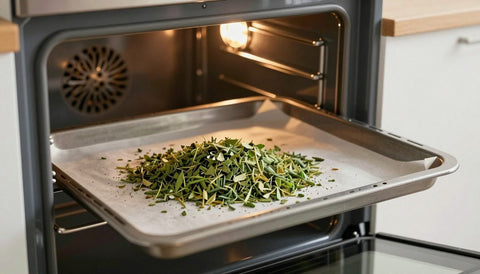 Backblech mit getrockneten Blüten im Ofen: Cannabis decarboxylieren