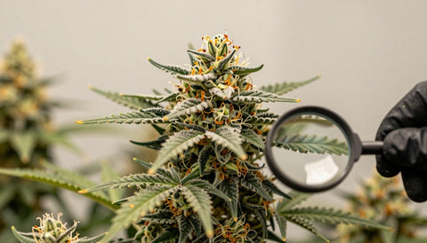 Reife Cannabisblüte mit Harzdrüsen und verfärbten Blütenstempeln, daneben eine Taschenlupe: ist das Cannabis erntereif?