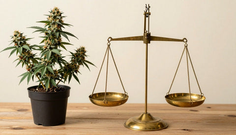 Alte Balkenwaage neben einer blühenden Cannabispflanze: Wie viel Gramm bringt eine Hanfpflanze?