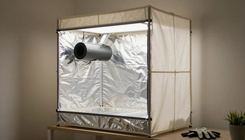 Frisch aufgebaute Growbox mit LED, Aktivkohlefilter und Abluftschlauch in einem aufgeräumten Raum: Growbox einrichten
