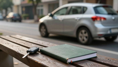 Autoschlüssel und Heft vor einem geparkten Auto: Führerscheinfrage zum Abbau von Haschisch im Körper