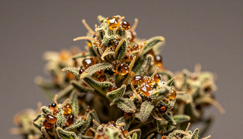 Makroaufnahme harzbedeckter Trichome auf einer Cannabisblüte: daraus entsteht Haschisch
