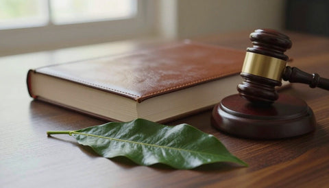 Ist Kratom legal? Geschlossenes Gesetzbuch, Richterhammer und ein Kratom-Blatt als Sinnbild für die Rechtslage