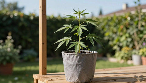 Junge Hanfpflanze im Stofftopf in einem sonnigen Garten: Cannabis Outdoor Anbau in Deutschland