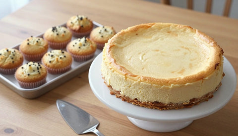 Space Cake backen: selbst gebackener Käsekuchen mit Keksboden und Muffins auf dem Küchentisch