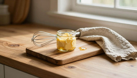 Küchenbrett mit einem Glas Butter und Schneebesen: Grundlagen zu THC-Edibles