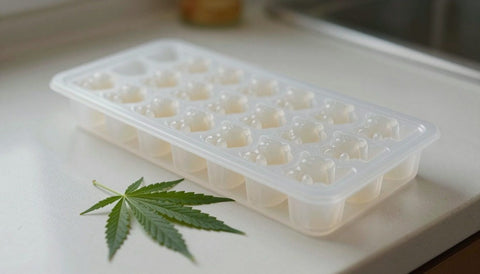 Leere Silikonform für Gummibärchen und ein Cannabisblatt auf der Küchenarbeitsplatte