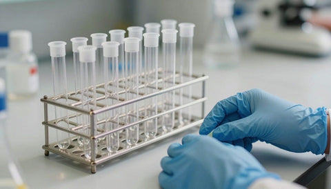 Laborbank mit leeren Probenröhrchen und Probenbechern: Wie lange THC in Blut, Urin, Speichel und Haaren nachweisbar ist