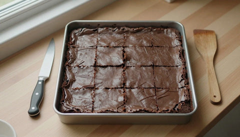 Schokobrownies in einer quadratischen Form, in 16 gleich große Stücke geschnitten