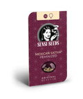 Sensi Seeds Mexican Sativa Feminized, weinrote Samenpackung mit Sichtfenster auf die Samen