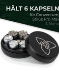 Schwarzes Kapselmagazin geöffnet mit sechs silbernen Kapseln für Convectum, Stilus Pro Max und Nanu