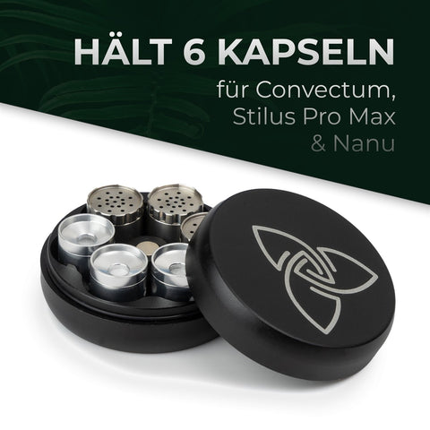 Schwarzes Kapselmagazin geöffnet mit sechs silbernen Kapseln für Convectum, Stilus Pro Max und Nanu