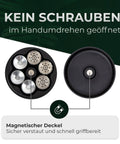 Kapselmagazin von oben mit sechs Kapseln und magnetischem Deckel, Grafik zum Verschluss