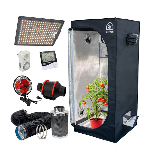GrowHi Growbox Set: schwarzes Growzelt mit Tomatenpflanze, LED-Lampe, Lüfter, Filter, Schlauch und Zubehör