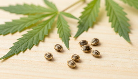 Marmorierte Cannabis Samen neben gefingerten Hanfblättern als Sinnbild für Genetik