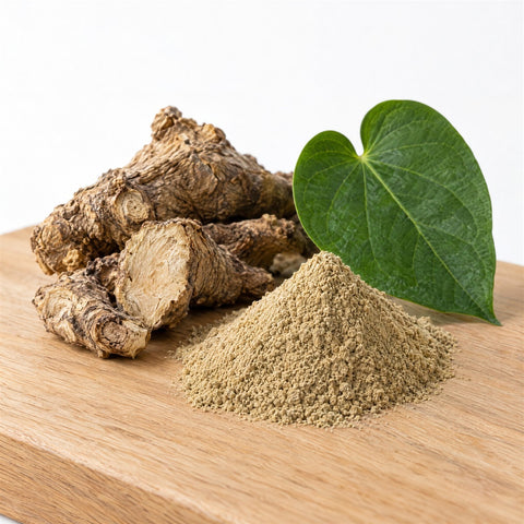 Getrocknete Kava-Wurzelstücke, Pulverhäufchen und grünes Blatt auf einem Holzbrett