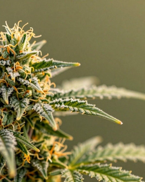 Harzige Cannabisblüte vor dunkelgrünem Hintergrund