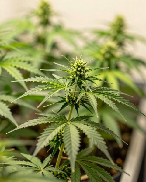 Reihen gesunder Cannabispflanzen im warmen Licht