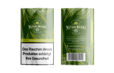 Vorder- und Rückseite des grünen Beutels Ritual Herbs Mild Feinschnitt 25g